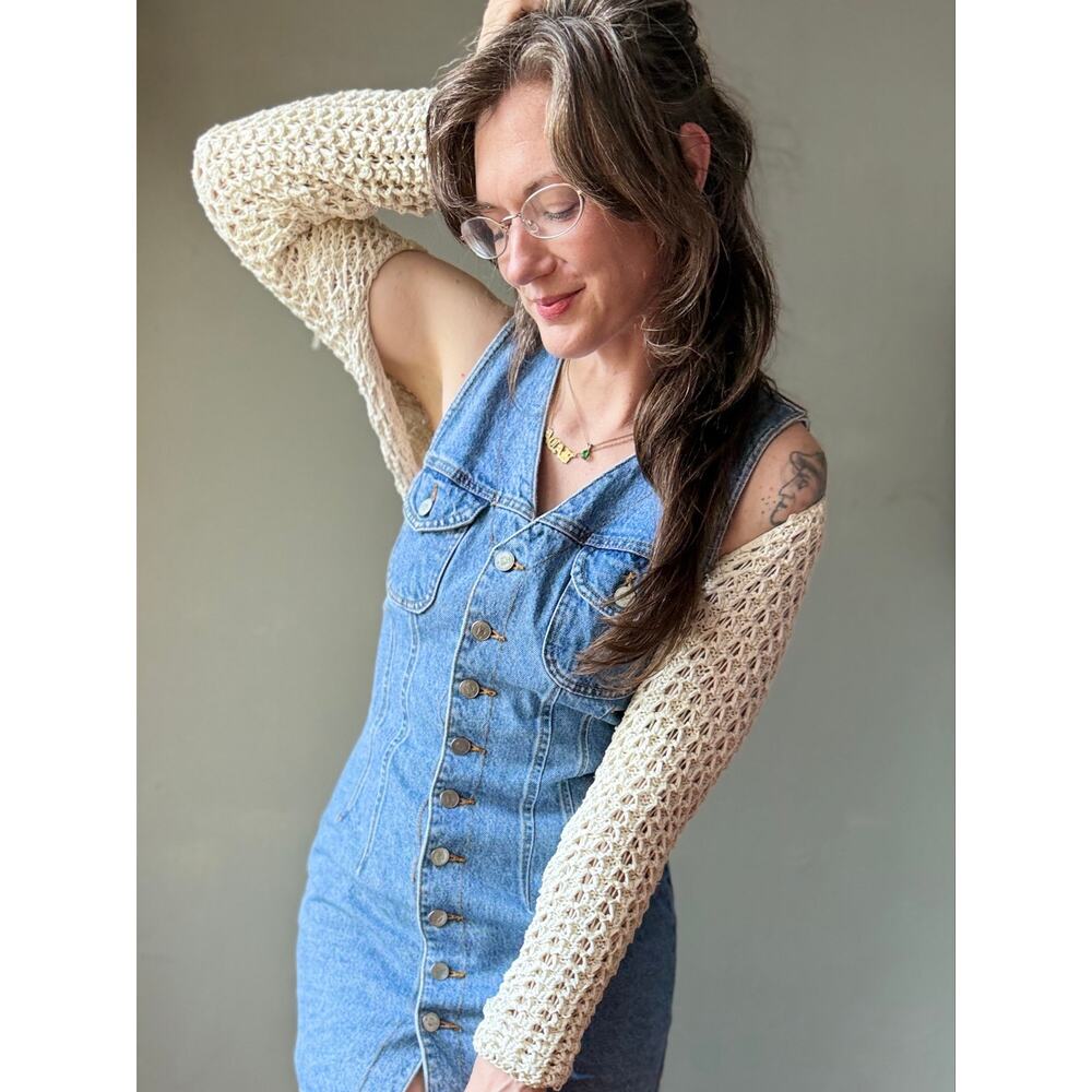 Vintage 90s Crochet Shrug Sweater | Cream Open Weave Knit Bolero | M - Picture 6 of 8